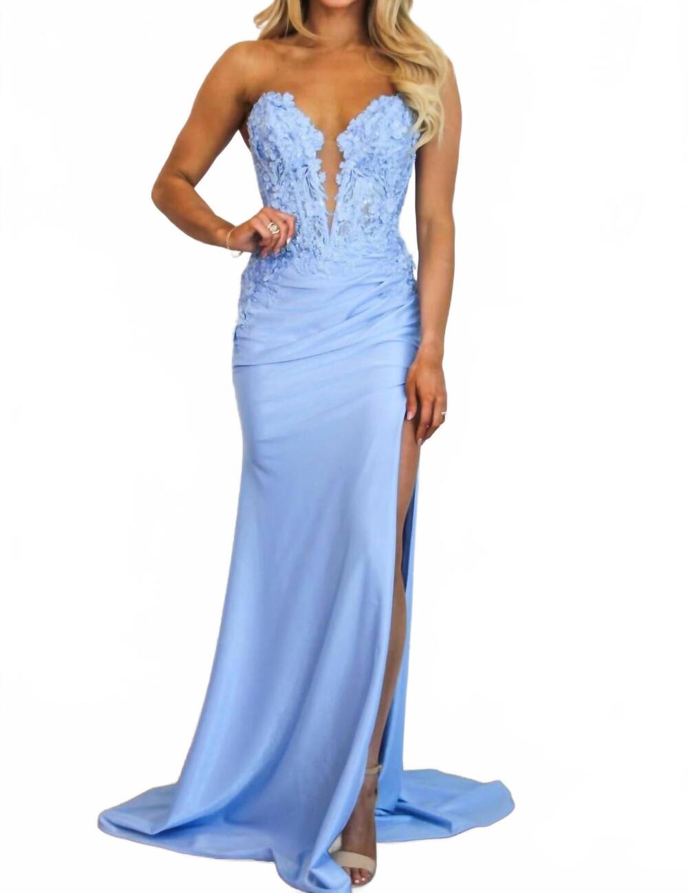 NEW CINDERELLA DIVINE karter lace bustier shimmer strapless slit formal dress in